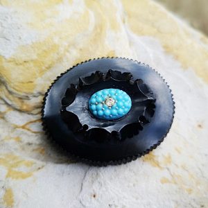 Whitby Jet and Turquoise brooch