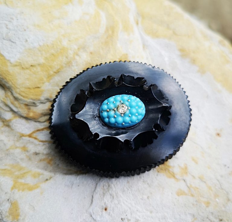Antique Whitby Jet and turquoise bead brooch