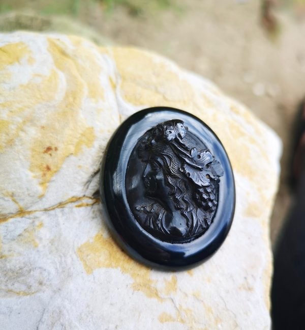 Carved cameo antique Whitby Jet brooch.