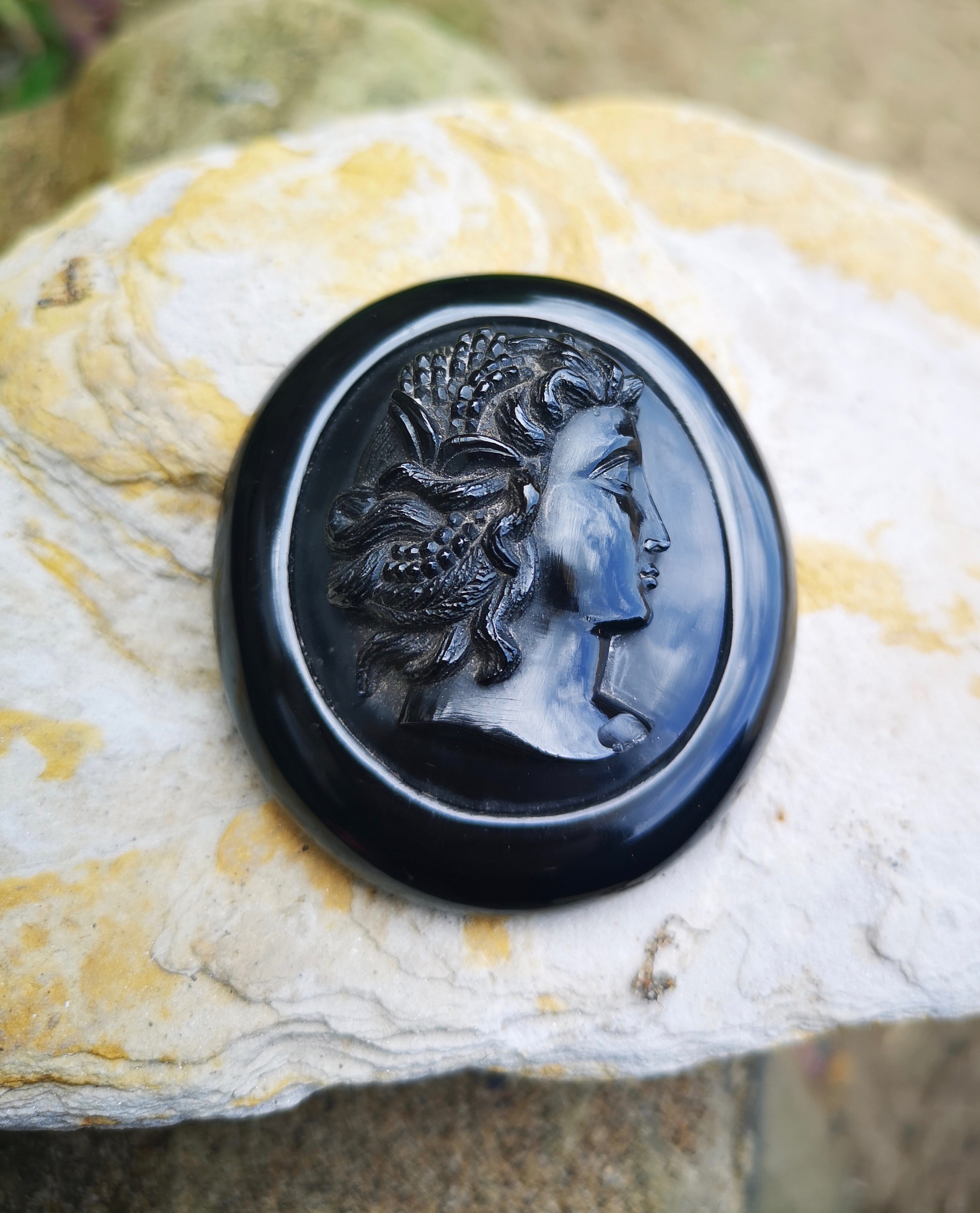 Antique Whitby Jet cameo “lady with grapes”