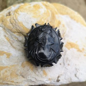Victorian antique carved Whitby Jet brooch.