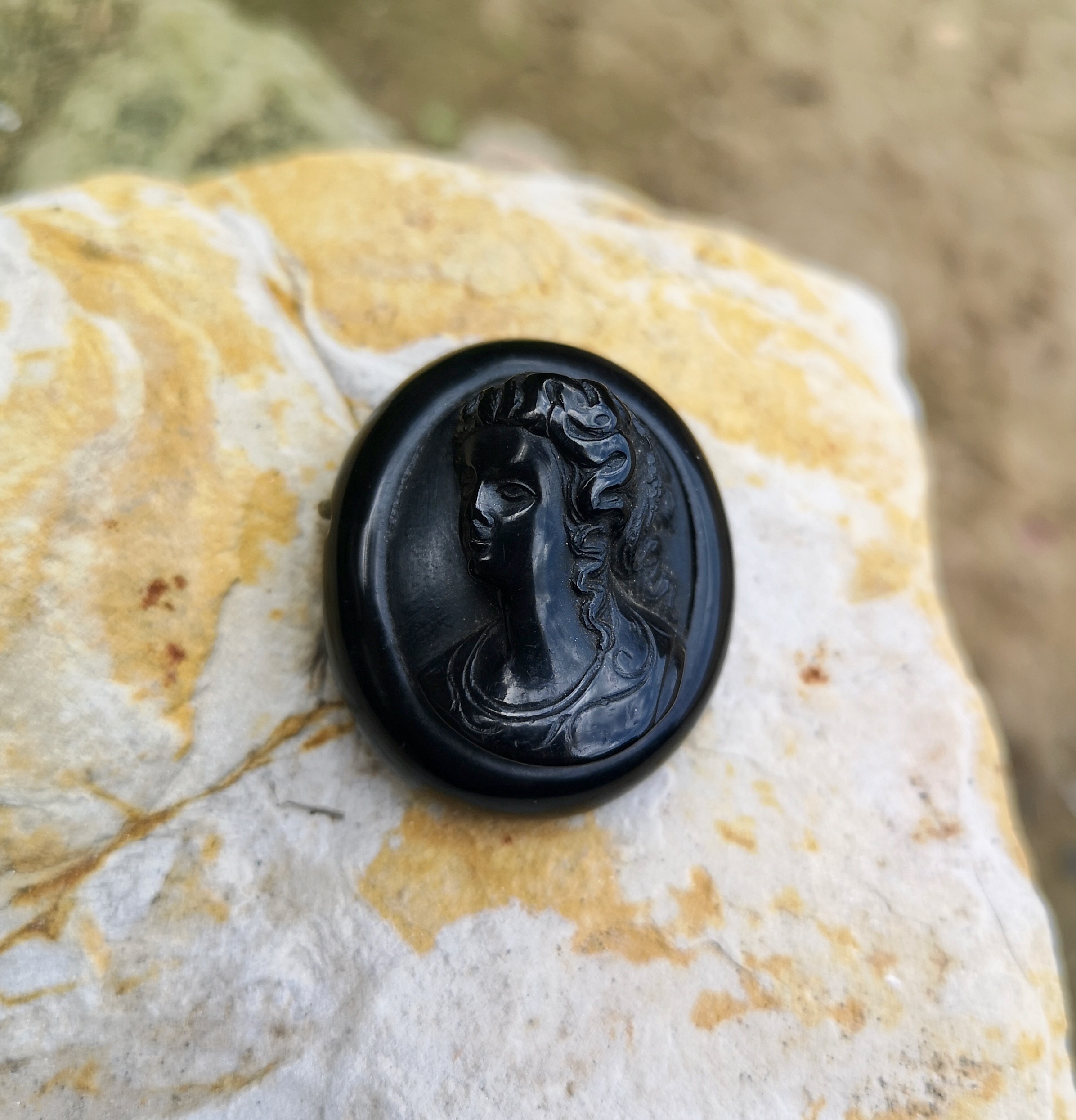 Antique Whitby Jet cameo “girl with a curl”