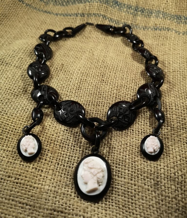 20″ Antique Whitby Jet shell cameo collar