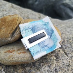 Sterling silver money clip set with Whitby Jet