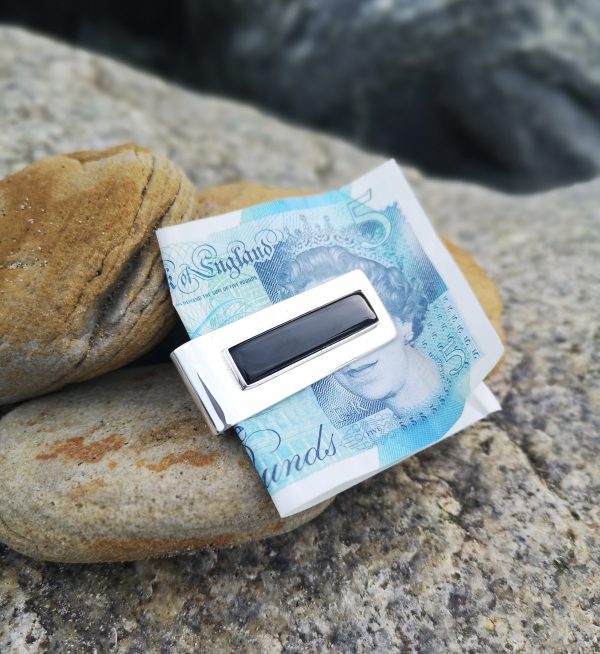 Sterling silver money clip set with Whitby Jet
