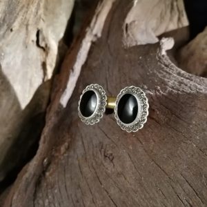 Sterling silver and Whitby Jet stud earrings with marcasite surrounds.