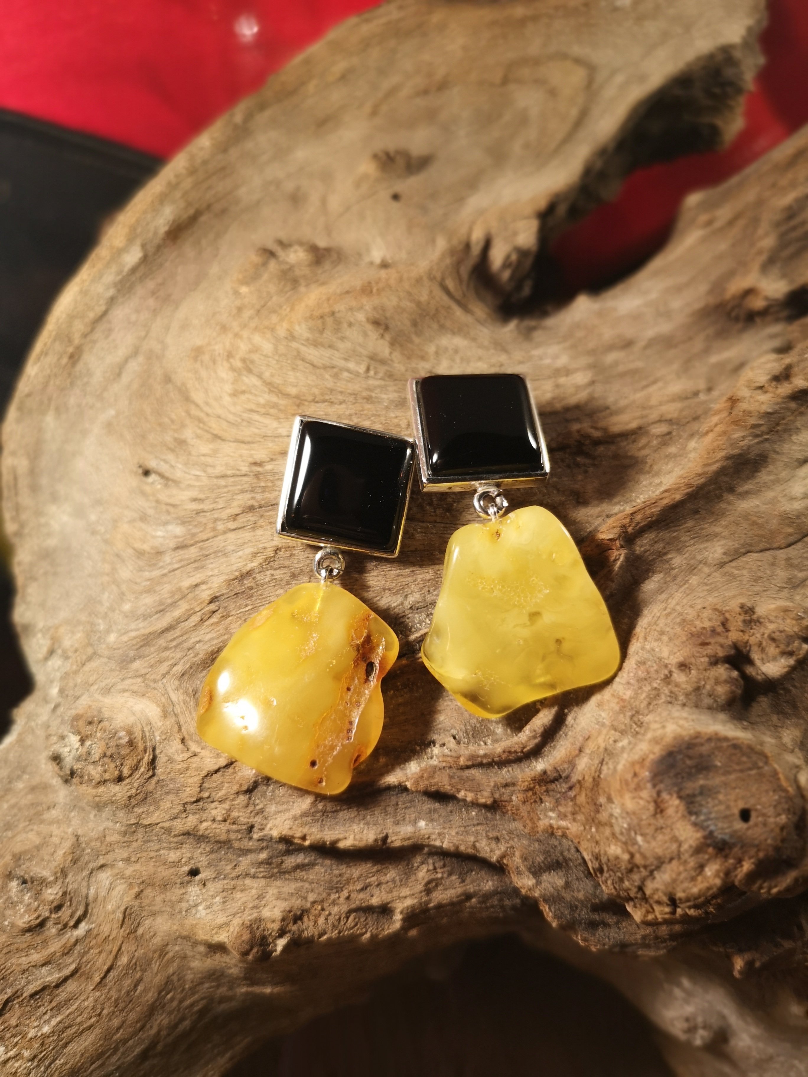 Whitby Jet and rough amber earrings