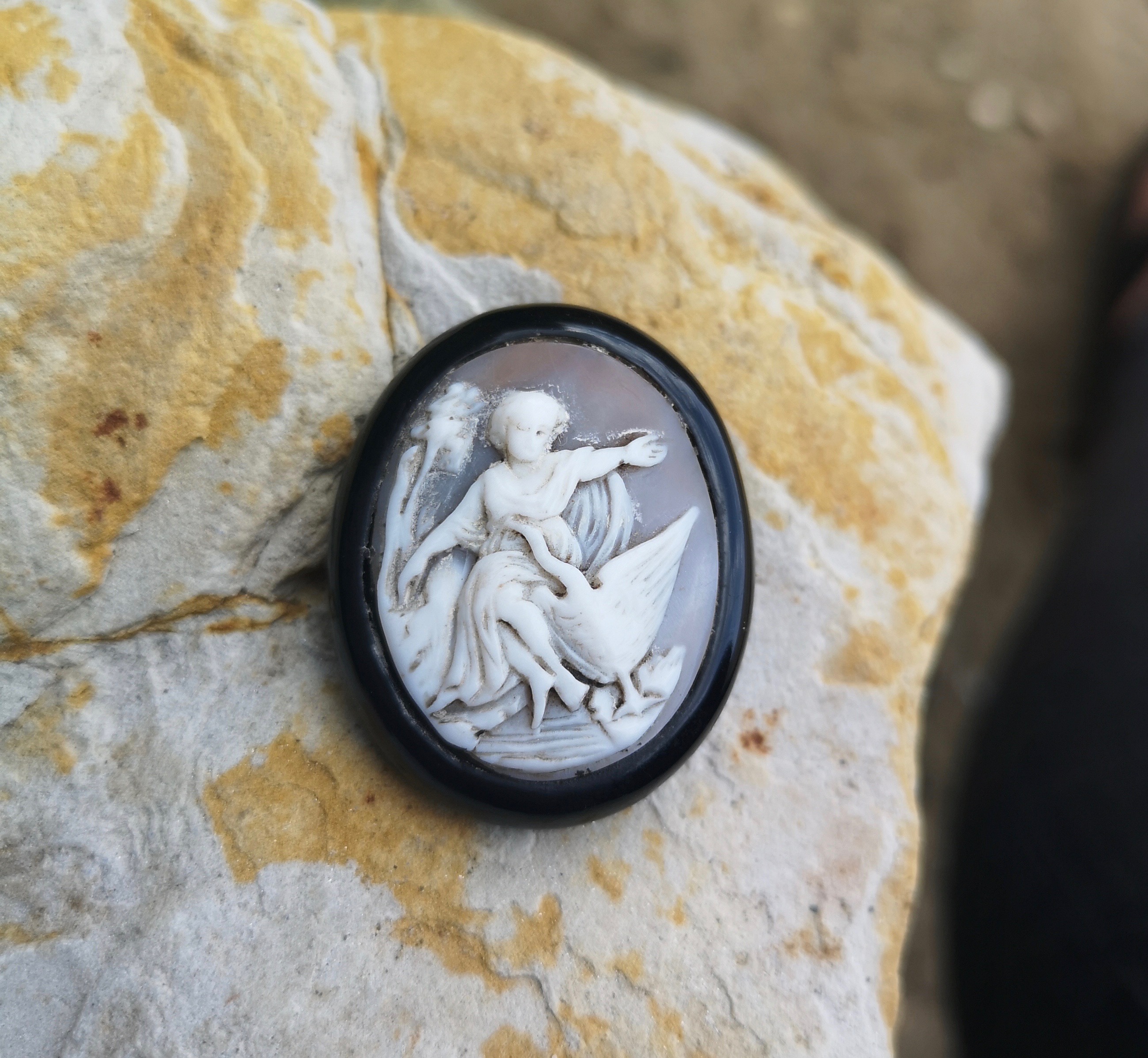 Antique Whitby Jet brooch “Leda and the swan”