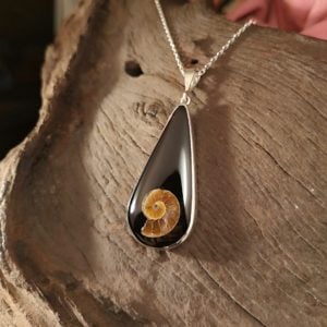 Teardrop Whitby Jet pendant with Ammonite inlay.