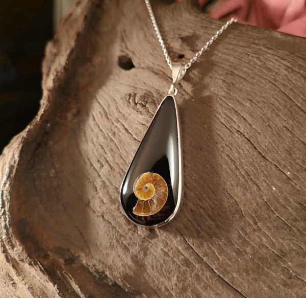 Teardrop Whitby Jet pendant with Ammonite inlay.