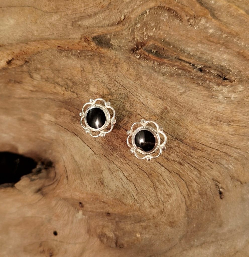 Whitby Jet Yorkshire Rose Stud Earrings set in Sterling Silver