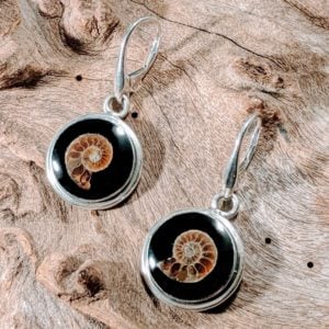 Round Ammonite inlay Whitby Jet Earrings