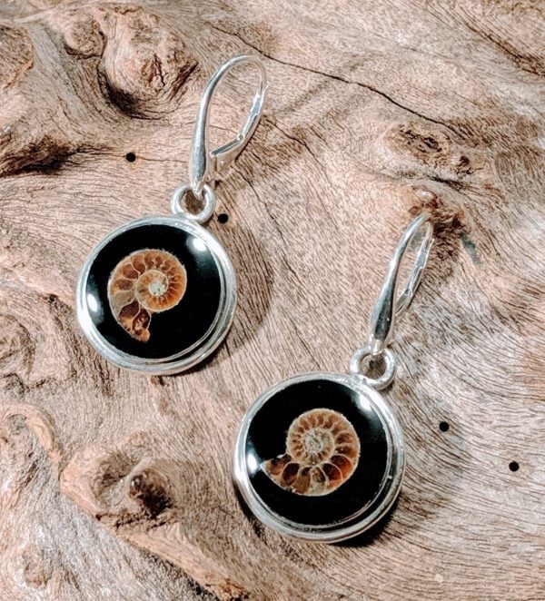 Round Ammonite inlay Whitby Jet Earrings