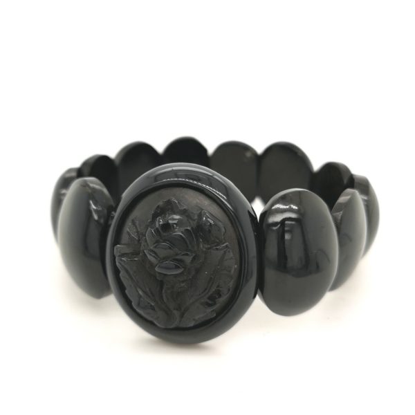Antique victorian Whitby Jet Bracelet with carved rose centrepiece.