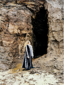 Entrance to old Whitby Jet workings. A Jet collector stands near the entrance of a disused Whitby Jet mine
