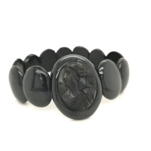 Antique victorian Whitby Jet Bracelet with carved lady centrepiece.