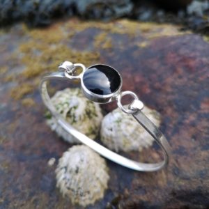 Round Whitby Jet Bangle set in sterling silver