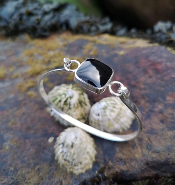 Whitby Jet Bangle in sterling silver