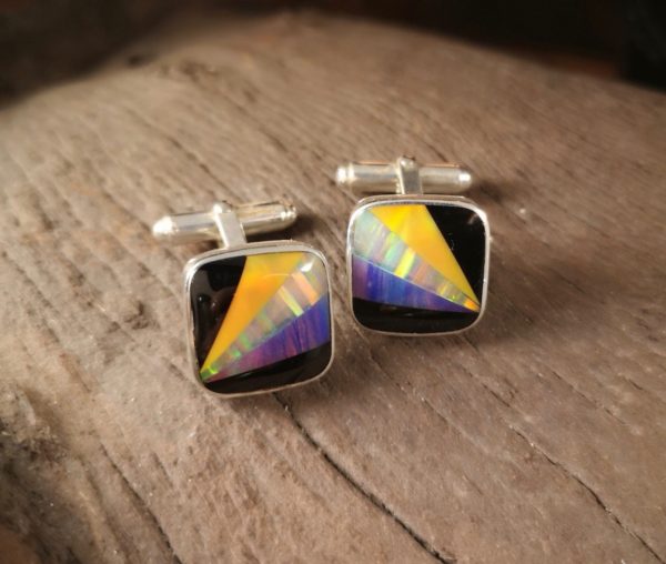 Large Square Cufflinks with Whitby Jet and Synthetic Opal