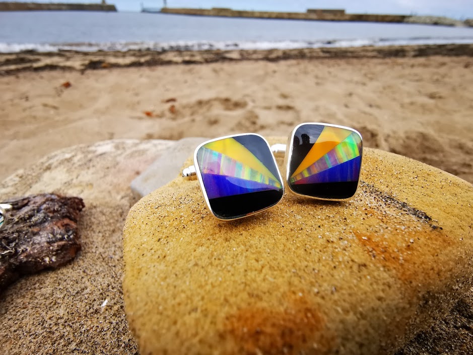 Large Square Cufflinks with Whitby Jet and Synthetic Opal