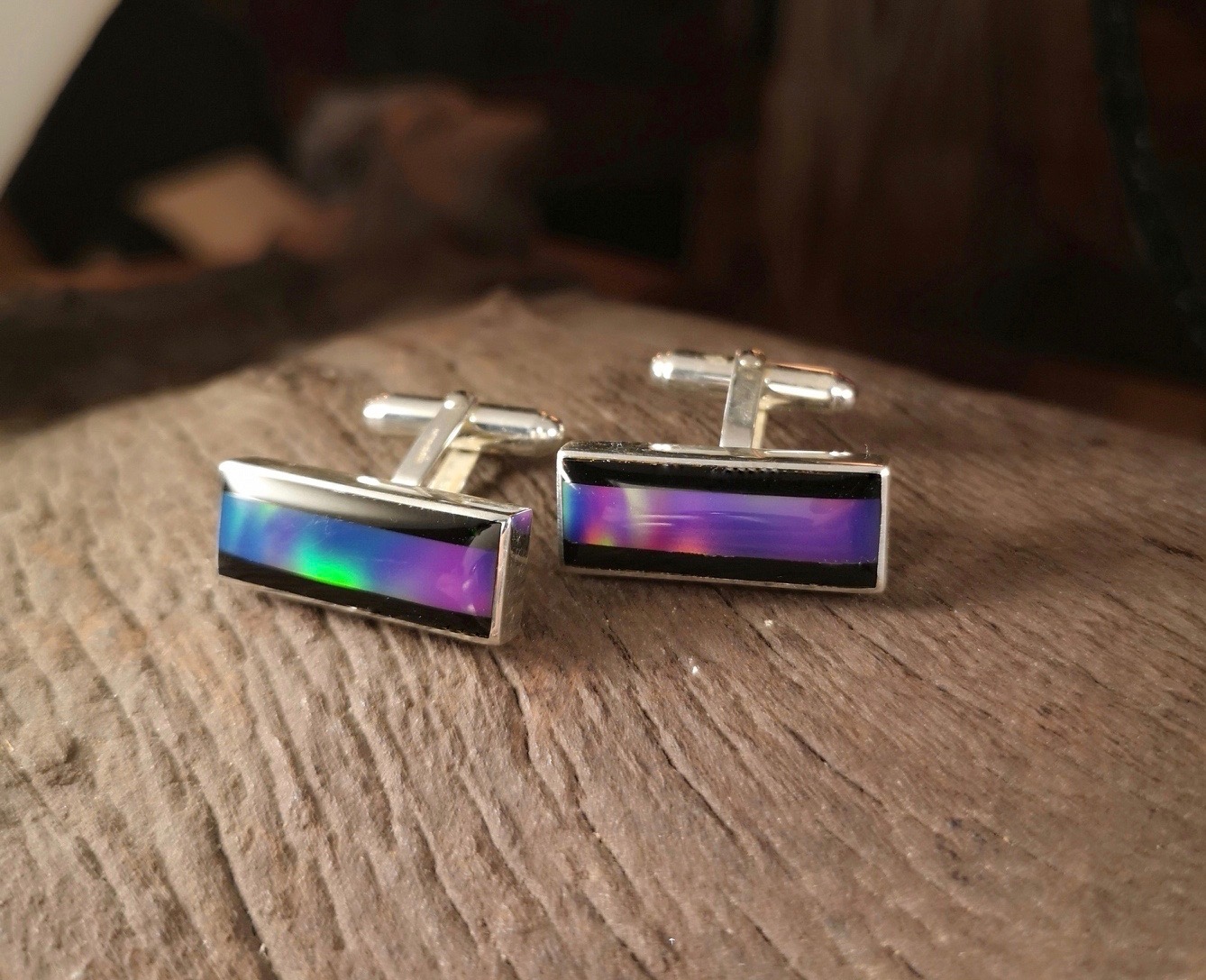Bespoke rectangle cufflinks with Whitby jet and lab grown opal.