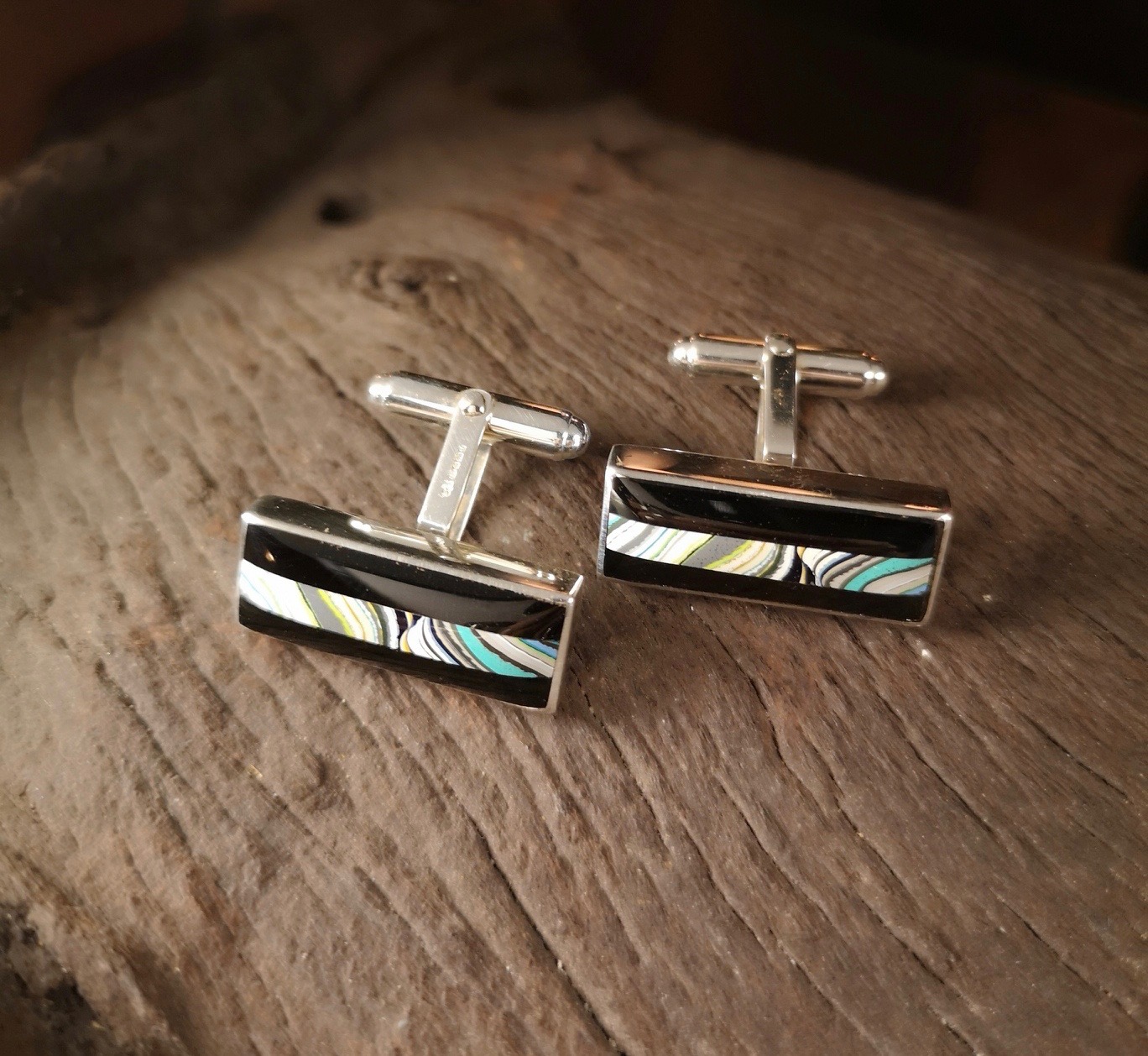 Fordite and Whitby Jet  Rectangle Cufflinks