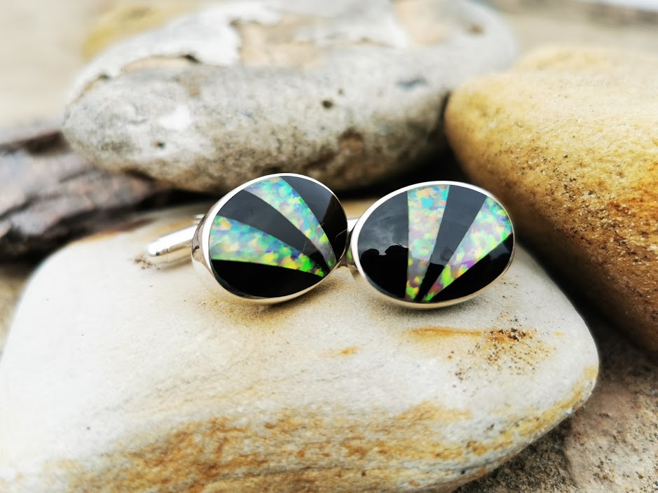 Large Oval Cufflinks with Whitby Jet and Synthetic Opal