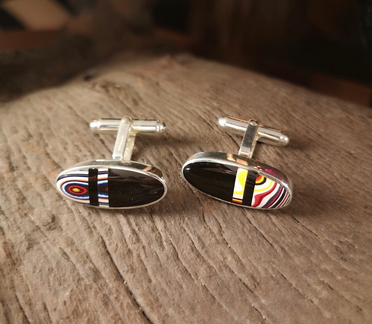 Fordite and Whitby jet cufflink  ‘The Shelby’