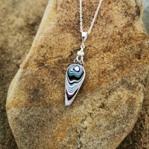 Fordite and Whitby Jet double sided pendant