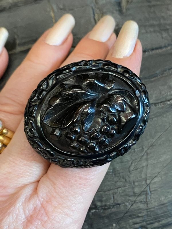 Antique Whitby Jet Brooch with grapevine carving