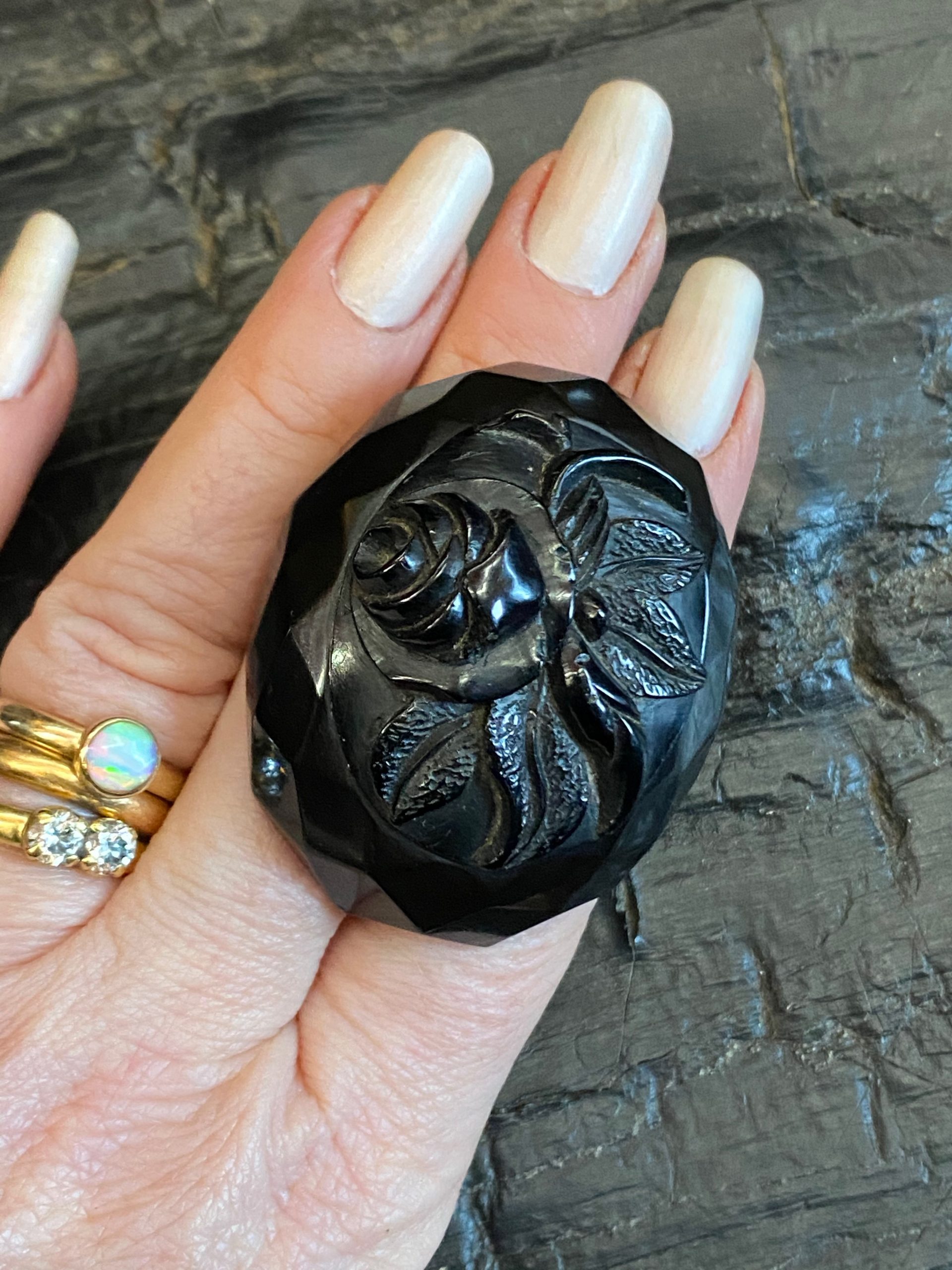 Antique Whitby Jet Brooch ” The Rose”