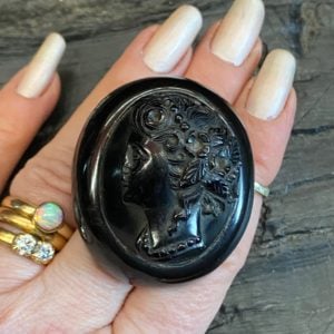 Antique Whitby Jet Cameo carved Brooch
