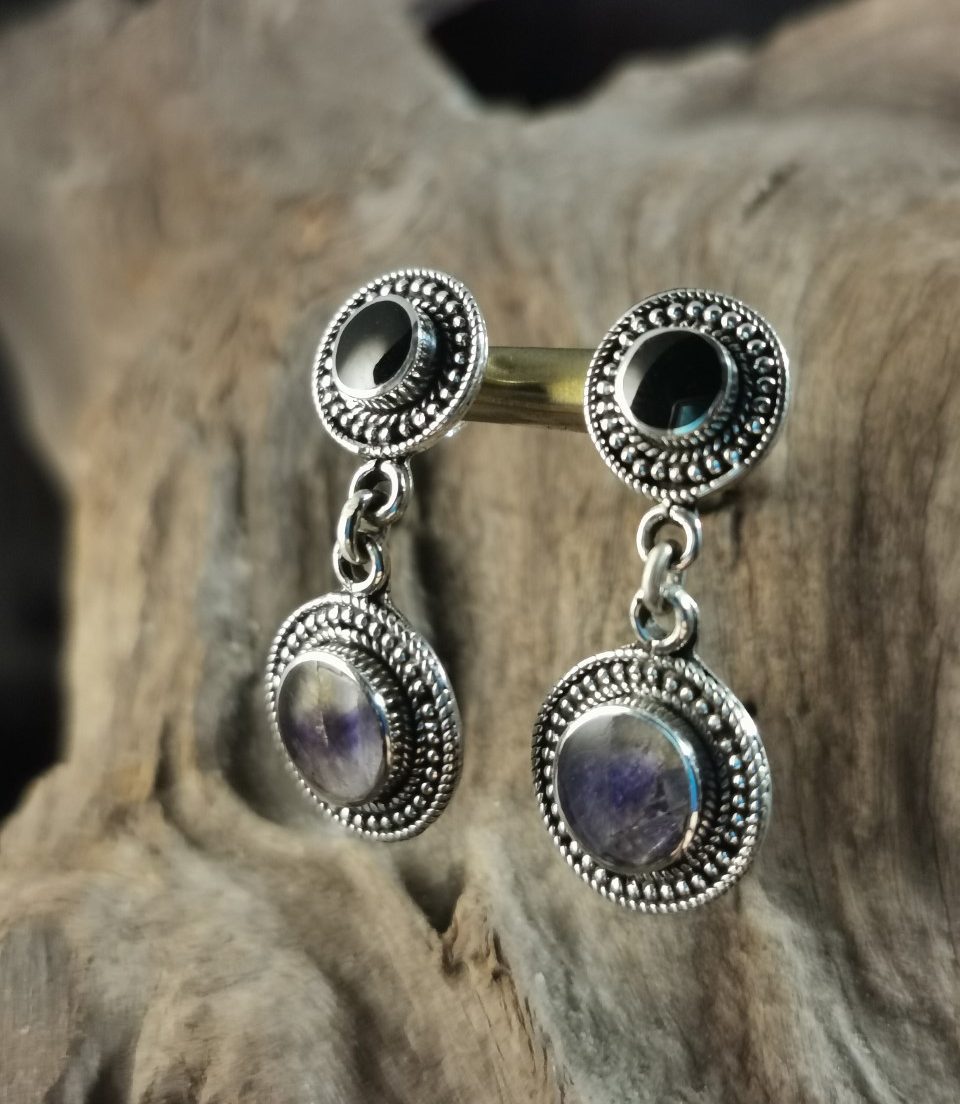 Elegant two stone drop earrings in Blue john