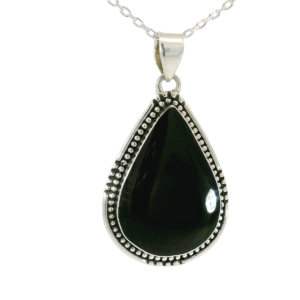 A stunning large Whitby jet and sterling silver teardrop pendant